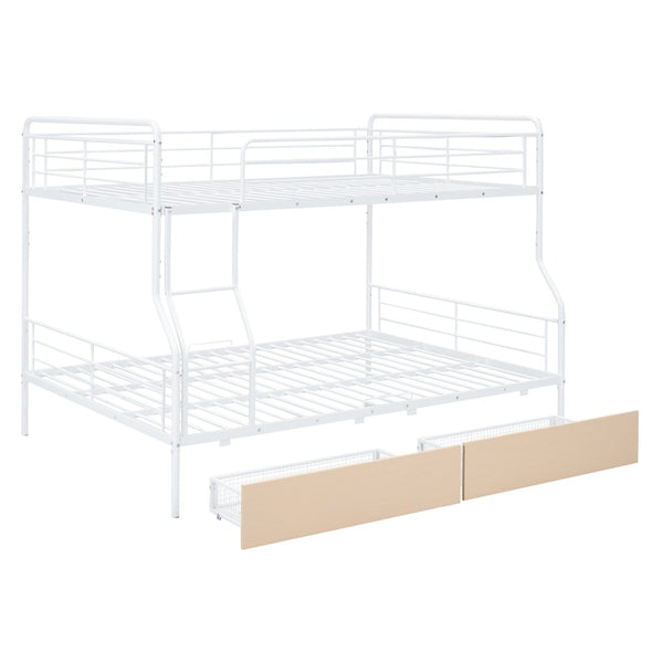 HomeRoots White Full Over Queen Metal Bunk Bed with Storage Drawers - Modern, Versatile & Safe Design for Kids 590300