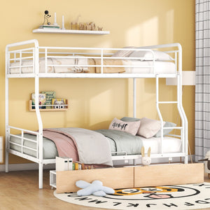 HomeRoots White Full Over Queen Metal Bunk Bed with Storage Drawers - Modern, Versatile & Safe Design for Kids 590300