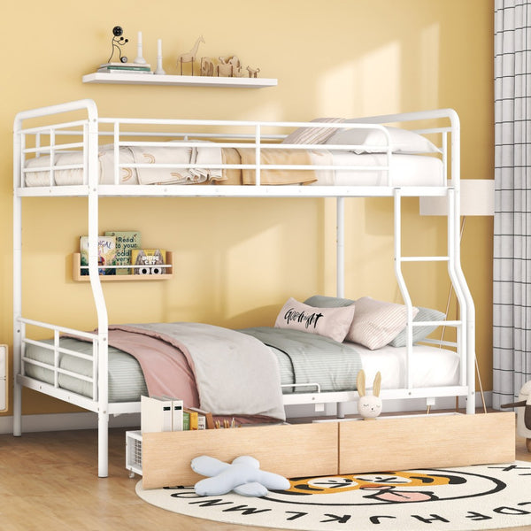 HomeRoots White Full Over Queen Metal Bunk Bed with Storage Drawers - Modern, Versatile & Safe Design for Kids 590300