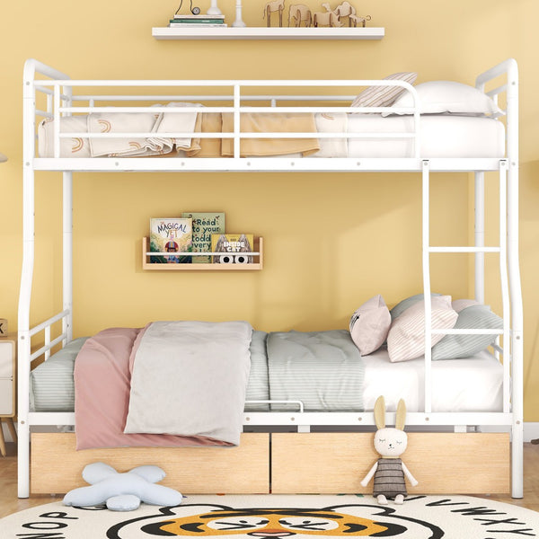 HomeRoots White Full Over Queen Metal Bunk Bed with Storage Drawers - Modern, Versatile & Safe Design for Kids 590300