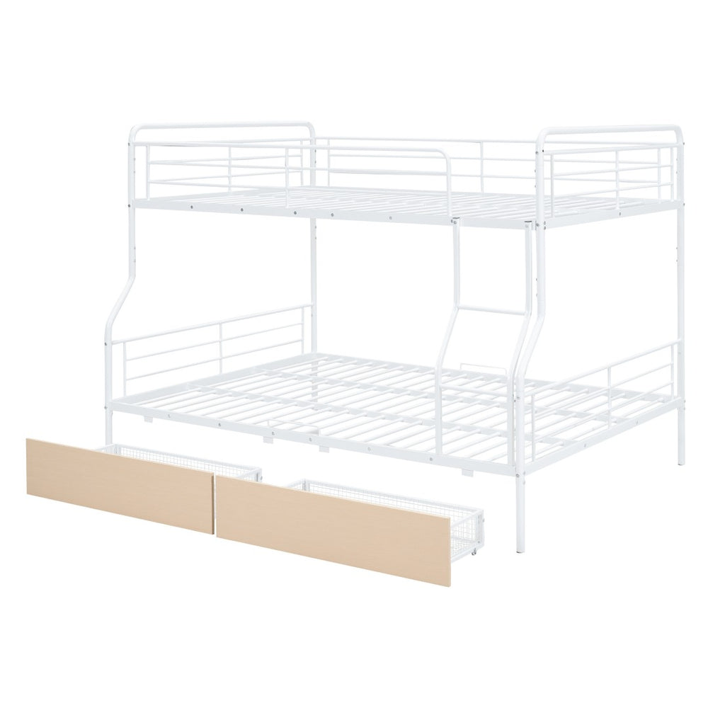 HomeRoots White Full Over Queen Metal Bunk Bed with Storage Drawers - Modern, Versatile & Safe Design for Kids 590300