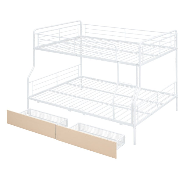 HomeRoots White Full Over Queen Metal Bunk Bed with Storage Drawers - Modern, Versatile & Safe Design for Kids 590300