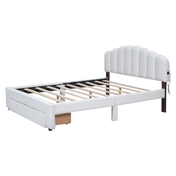 HomeRoots White Tufted Boucle Queen Bed Frame with USB Charging, Hidden Drawer & Elegant Ambient Lighting 590301