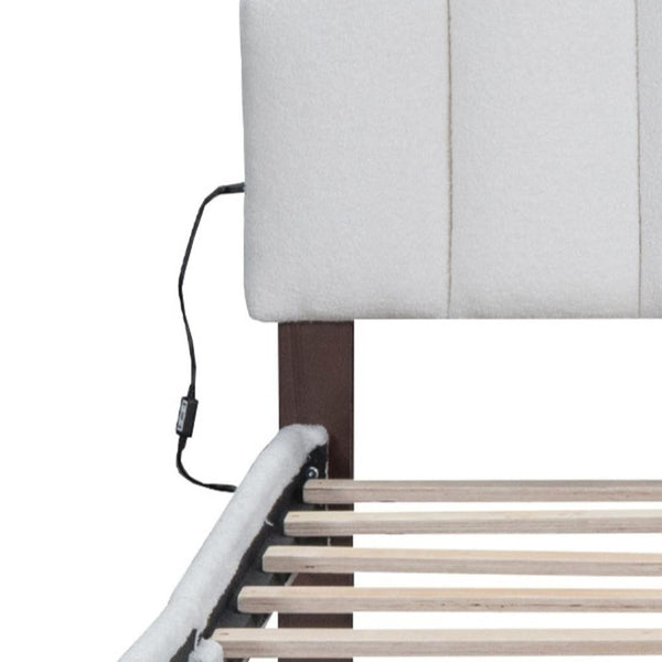 HomeRoots White Tufted Boucle Queen Bed Frame with USB Charging, Hidden Drawer & Elegant Ambient Lighting 590301