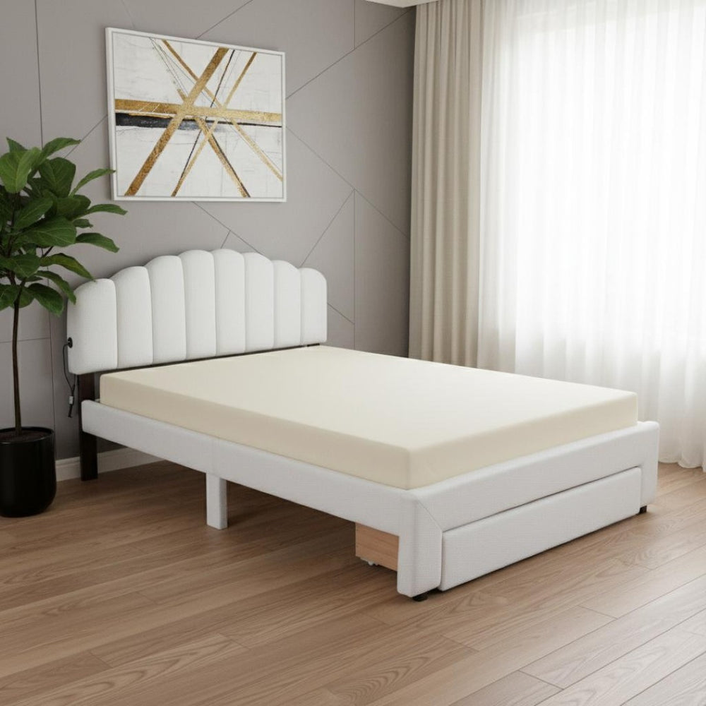 HomeRoots White Tufted Boucle Queen Bed Frame with USB Charging, Hidden Drawer & Elegant Ambient Lighting 590301