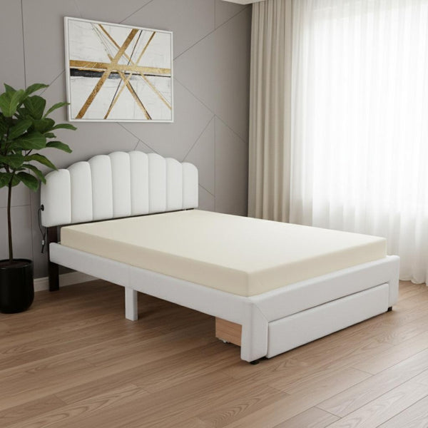 HomeRoots White Tufted Boucle Queen Bed Frame with USB Charging, Hidden Drawer & Elegant Ambient Lighting 590301