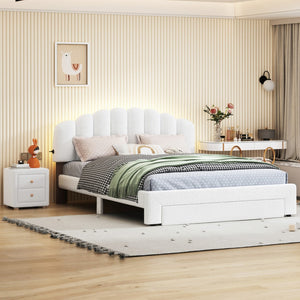 HomeRoots White Tufted Boucle Queen Bed Frame with USB Charging, Hidden Drawer & Elegant Ambient Lighting 590301