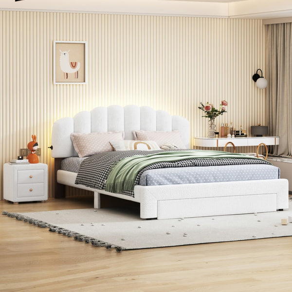 HomeRoots White Tufted Boucle Queen Bed Frame with USB Charging, Hidden Drawer & Elegant Ambient Lighting 590301