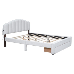 HomeRoots White Tufted Boucle Queen Bed Frame with USB Charging, Hidden Drawer & Elegant Ambient Lighting 590301