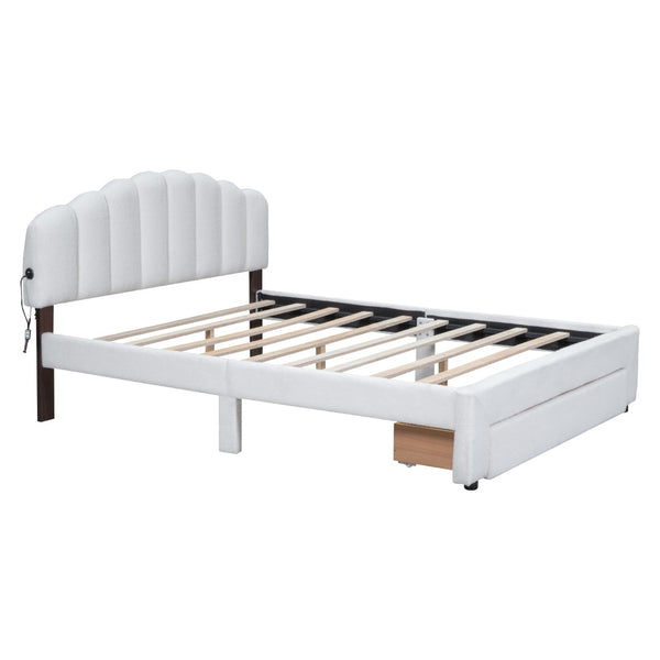 HomeRoots White Tufted Boucle Queen Bed Frame with USB Charging, Hidden Drawer & Elegant Ambient Lighting 590301