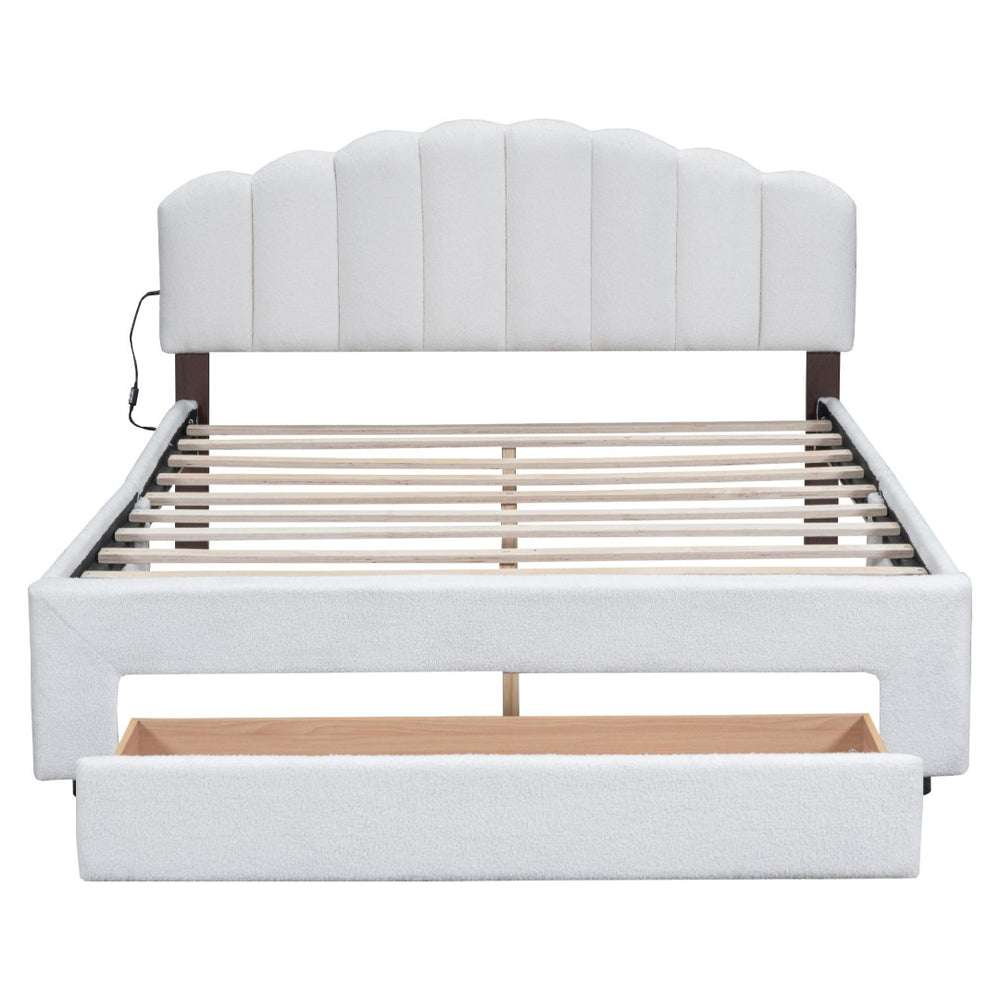 HomeRoots White Tufted Boucle Queen Bed Frame with USB Charging, Hidden Drawer & Elegant Ambient Lighting 590301