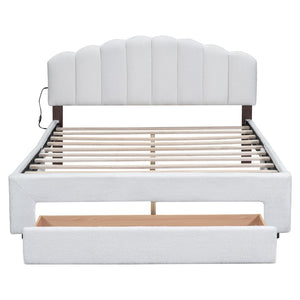 HomeRoots White Tufted Boucle Queen Bed Frame with USB Charging, Hidden Drawer & Elegant Ambient Lighting 590301