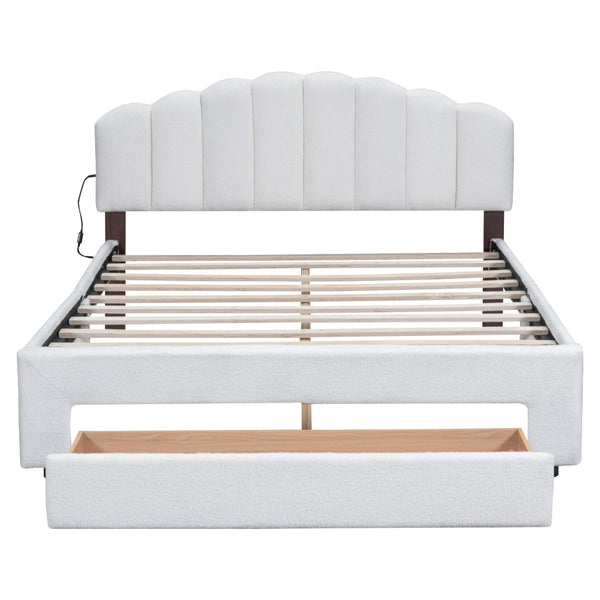 HomeRoots White Tufted Boucle Queen Bed Frame with USB Charging, Hidden Drawer & Elegant Ambient Lighting 590301
