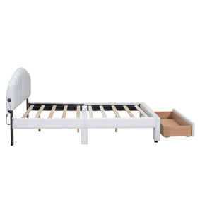 HomeRoots White Tufted Boucle Queen Bed Frame with USB Charging, Hidden Drawer & Elegant Ambient Lighting 590301