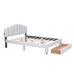 HomeRoots White Tufted Boucle Queen Bed Frame with USB Charging, Hidden Drawer & Elegant Ambient Lighting 590301