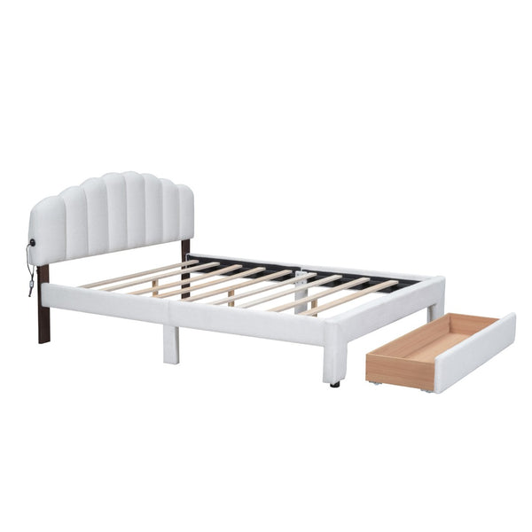 HomeRoots White Tufted Boucle Queen Bed Frame with USB Charging, Hidden Drawer & Elegant Ambient Lighting 590301