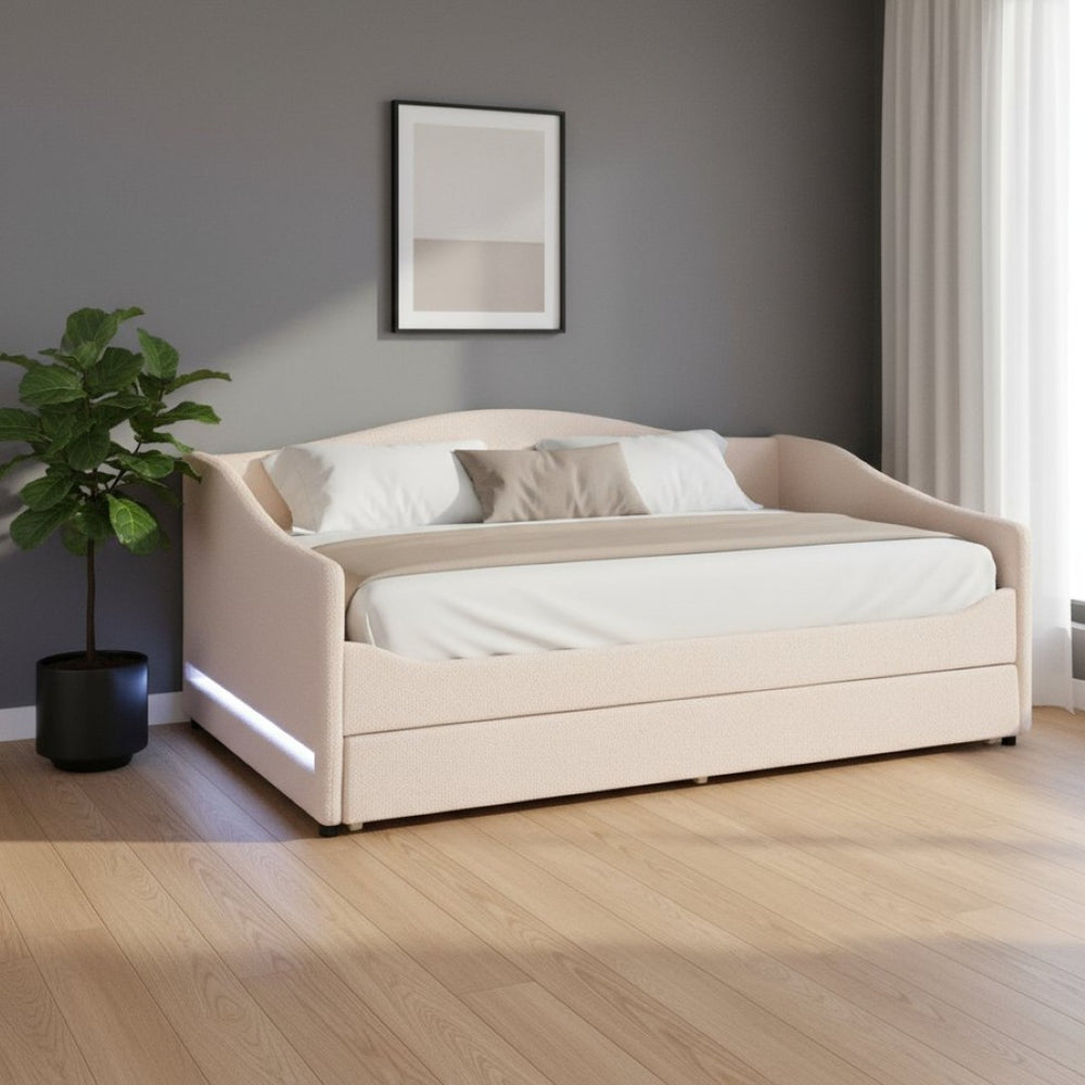HomeRoots Beige Tufted Boucle Twin Day Bed with USB, LED Light, and Trundle – Stylish Comfort for Any Space 590302