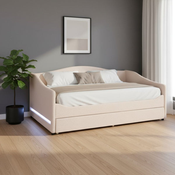 HomeRoots Beige Tufted Boucle Twin Day Bed with USB, LED Light, and Trundle – Stylish Comfort for Any Space 590302