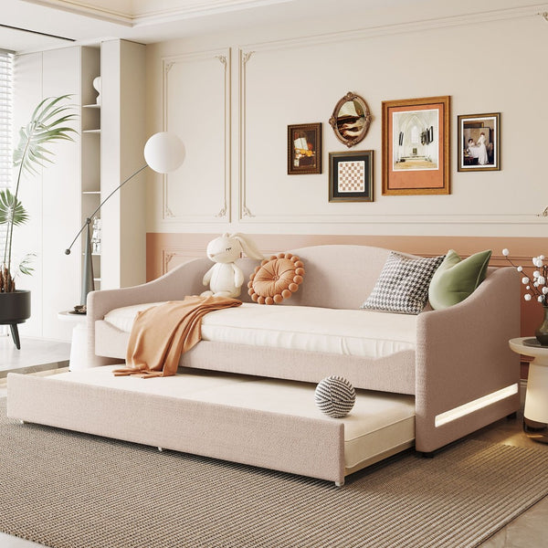 HomeRoots Beige Tufted Boucle Twin Day Bed with USB, LED Light, and Trundle – Stylish Comfort for Any Space 590302