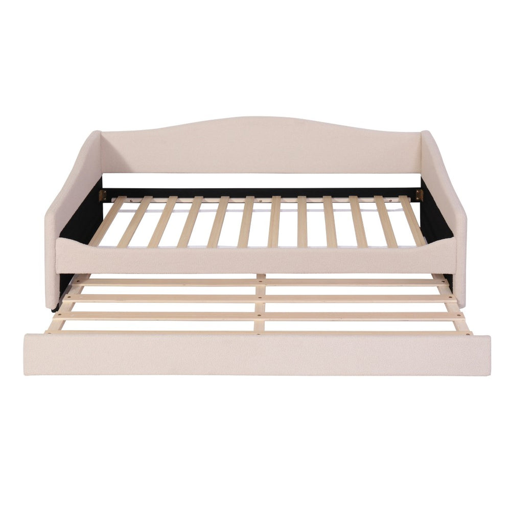 HomeRoots Beige Tufted Boucle Twin Day Bed with USB, LED Light, and Trundle – Stylish Comfort for Any Space 590302