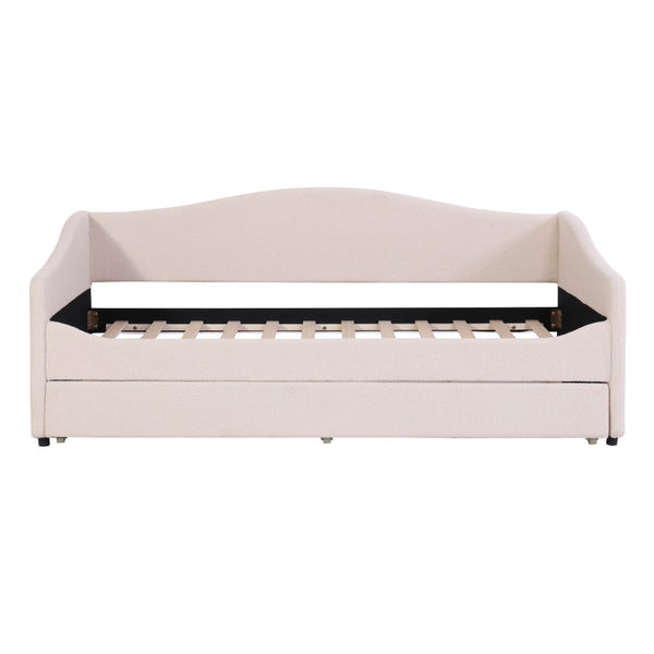 HomeRoots Beige Tufted Boucle Twin Day Bed with USB, LED Light, and Trundle – Stylish Comfort for Any Space 590302