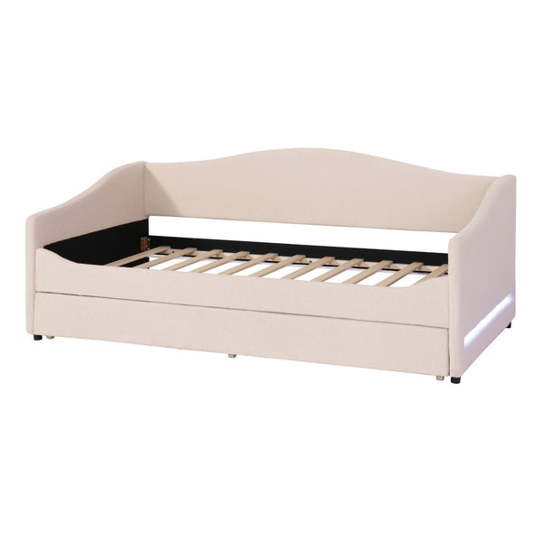 HomeRoots Beige Tufted Boucle Twin Day Bed with USB, LED Light, and Trundle – Stylish Comfort for Any Space 590302
