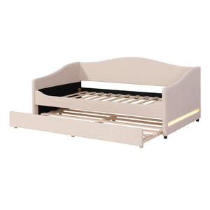 HomeRoots Beige Tufted Boucle Twin Day Bed with USB, LED Light, and Trundle – Stylish Comfort for Any Space 590302