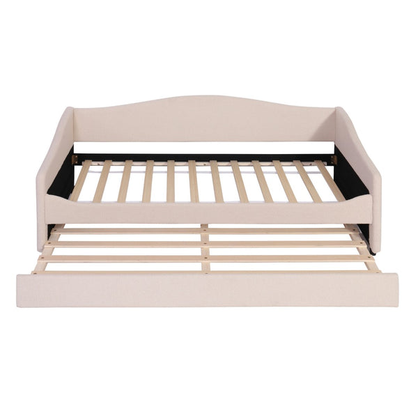 HomeRoots Beige Tufted Boucle Twin Day Bed with USB, LED Light, and Trundle – Stylish Comfort for Any Space 590302