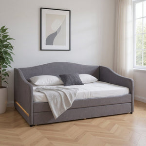 HomeRoots Gray Tufted Boucle Twin Daybed with Trundle, USB Port, LED Lighting & Modern Chic Design Features 590303