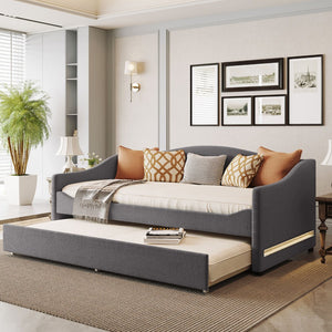 HomeRoots Gray Tufted Boucle Twin Daybed with Trundle, USB Port, LED Lighting & Modern Chic Design Features 590303
