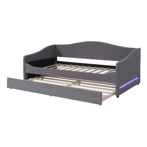 HomeRoots Gray Tufted Boucle Twin Daybed with Trundle, USB Port, LED Lighting & Modern Chic Design Features 590303