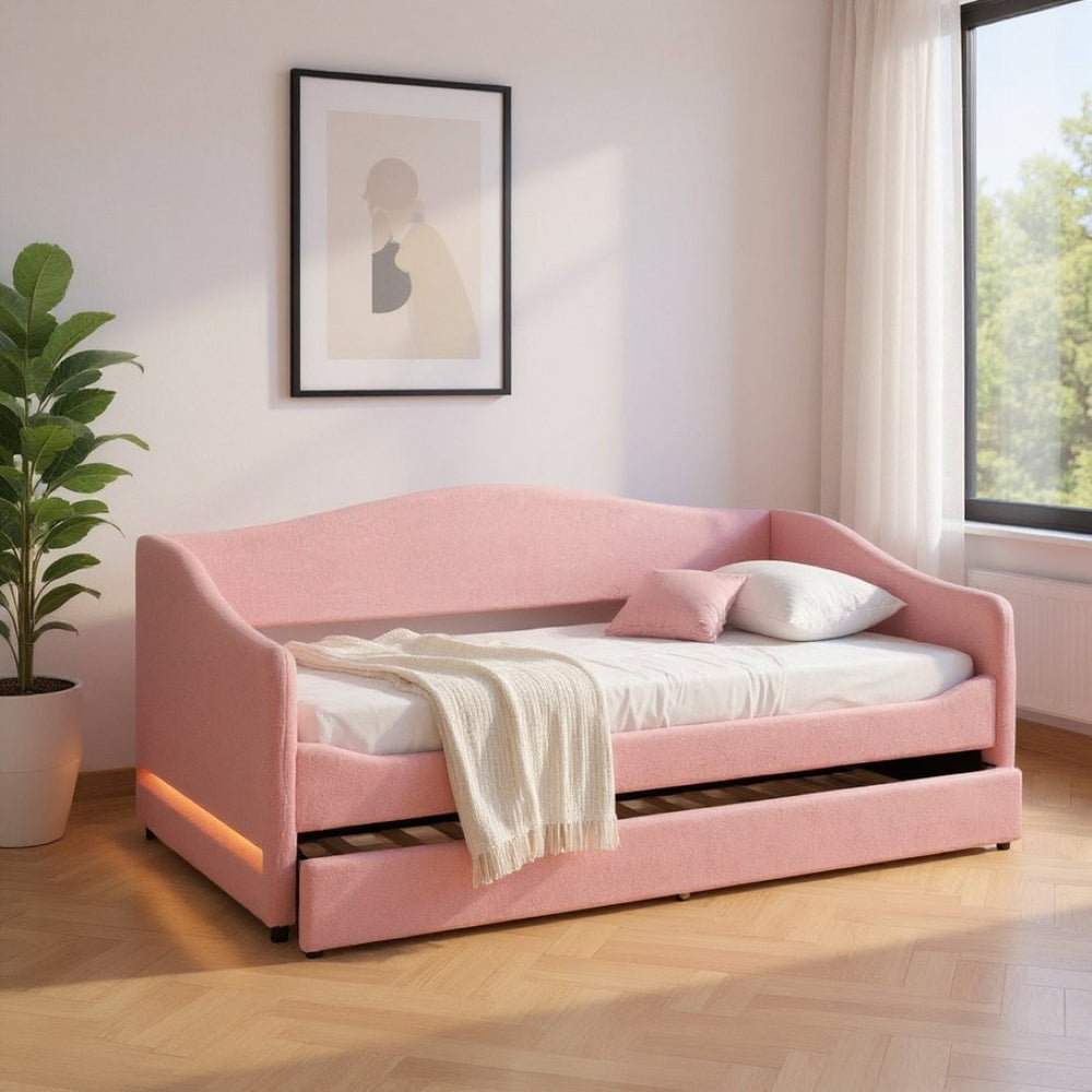 HomeRoots Pink Tufted Boucle Twin Day Bed with USB Charging, LED Lights & Trundle for Stylish Spaces 590304
