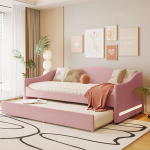 HomeRoots Pink Tufted Boucle Twin Day Bed with USB Charging, LED Lights & Trundle for Stylish Spaces 590304