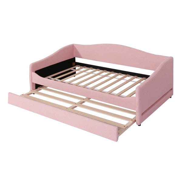 HomeRoots Pink Tufted Boucle Twin Day Bed with USB Charging, LED Lights & Trundle for Stylish Spaces 590304