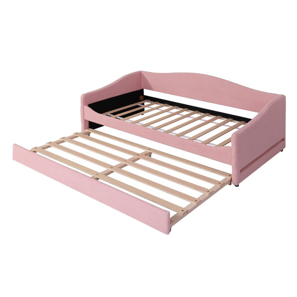 HomeRoots Pink Tufted Boucle Twin Day Bed with USB Charging, LED Lights & Trundle for Stylish Spaces 590304