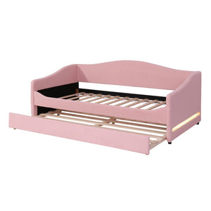 HomeRoots Pink Tufted Boucle Twin Day Bed with USB Charging, LED Lights & Trundle for Stylish Spaces 590304