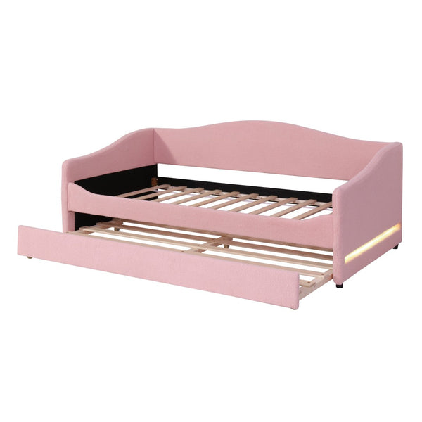 HomeRoots Pink Tufted Boucle Twin Day Bed with USB Charging, LED Lights & Trundle for Stylish Spaces 590304