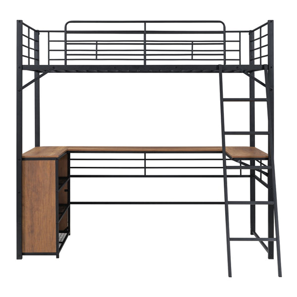 HomeRoots Black Twin Loft Bed with Desk & Shelving - Stylish Metal & Slat Wood Design for Small Spaces 590305