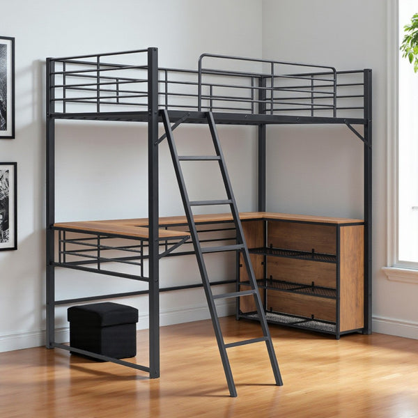 HomeRoots Black Twin Loft Bed with Desk & Shelving - Stylish Metal & Slat Wood Design for Small Spaces 590305