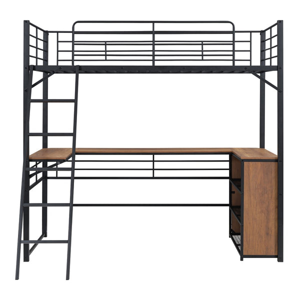 HomeRoots Black Twin Loft Bed with Desk & Shelving - Stylish Metal & Slat Wood Design for Small Spaces 590305