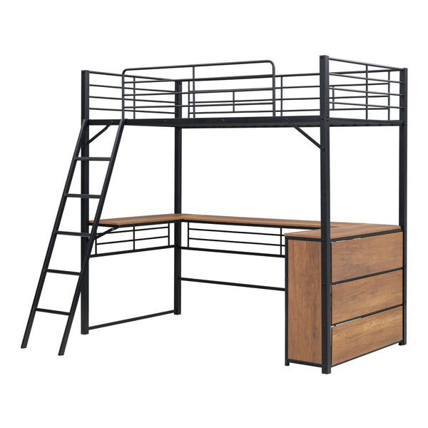 HomeRoots Black Twin Loft Bed with Desk & Shelving - Stylish Metal & Slat Wood Design for Small Spaces 590305