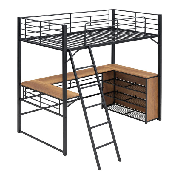 HomeRoots Black Twin Loft Bed with Desk & Shelving - Stylish Metal & Slat Wood Design for Small Spaces 590305