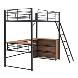 HomeRoots Black Twin Loft Bed with Desk & Shelving - Stylish Metal & Slat Wood Design for Small Spaces 590305