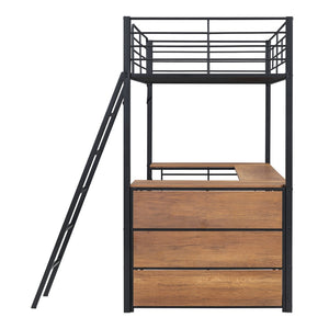 HomeRoots Black Twin Loft Bed with Desk & Shelving - Stylish Metal & Slat Wood Design for Small Spaces 590305