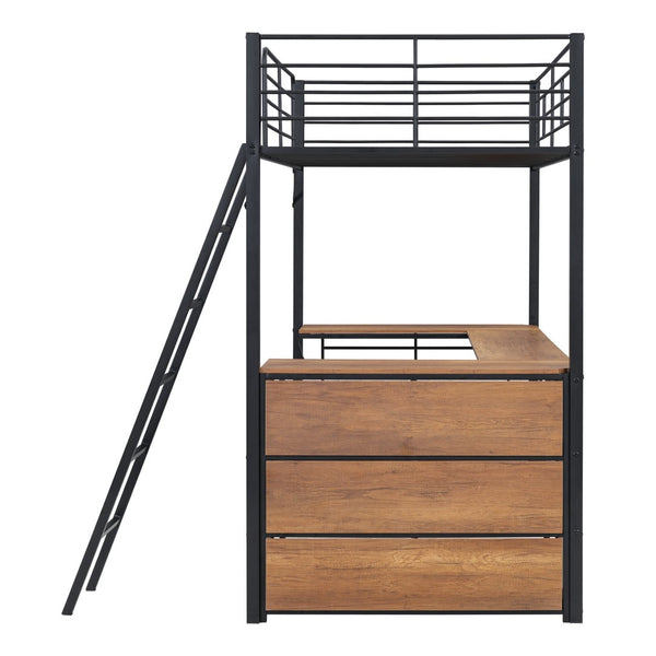 HomeRoots Black Twin Loft Bed with Desk & Shelving - Stylish Metal & Slat Wood Design for Small Spaces 590305