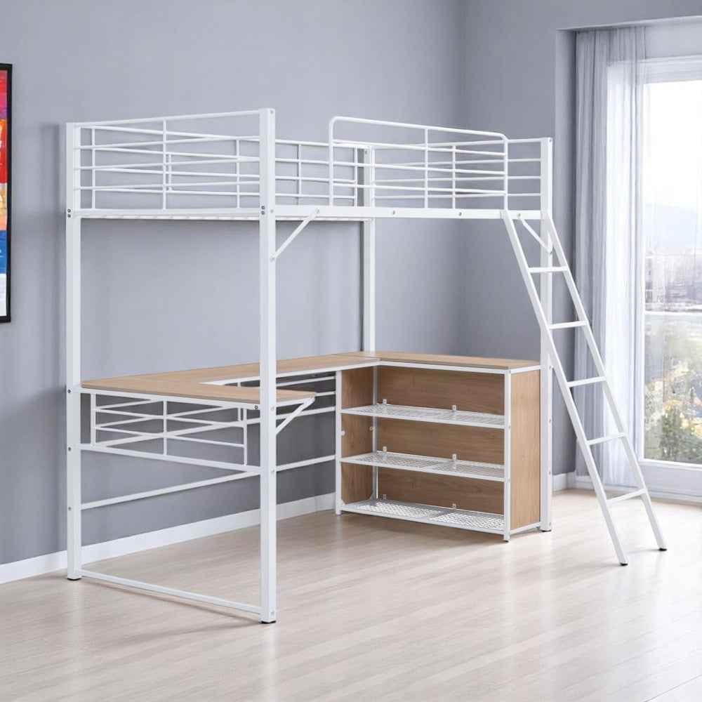 HomeRoots Natural Twin Loft Bed with Desk & Shelving - Space-Saving Design for Kids' Rooms & Compact Living 590306