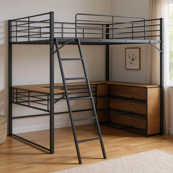 HomeRoots Black Loft Bed with Desk & Shelves - Stylish Space-Saving Double Bed for Small Rooms & Studios 590307