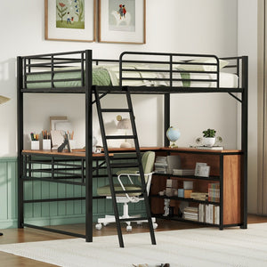 HomeRoots Black Loft Bed with Desk & Shelves - Stylish Space-Saving Double Bed for Small Rooms & Studios 590307