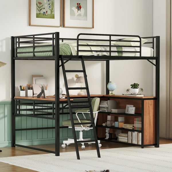HomeRoots Black Loft Bed with Desk & Shelves - Stylish Space-Saving Double Bed for Small Rooms & Studios 590307