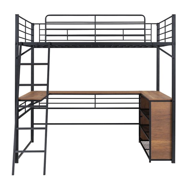 HomeRoots Black Loft Bed with Desk & Shelves - Stylish Space-Saving Double Bed for Small Rooms & Studios 590307